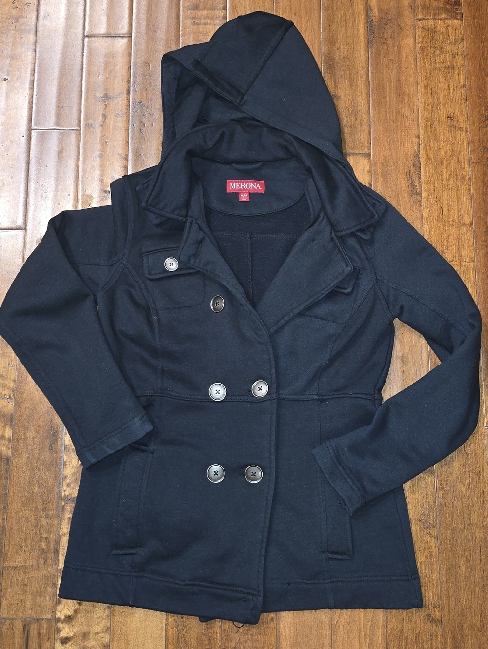 Merona Women’s Black Hooded Double-Breasted Coat, Medium